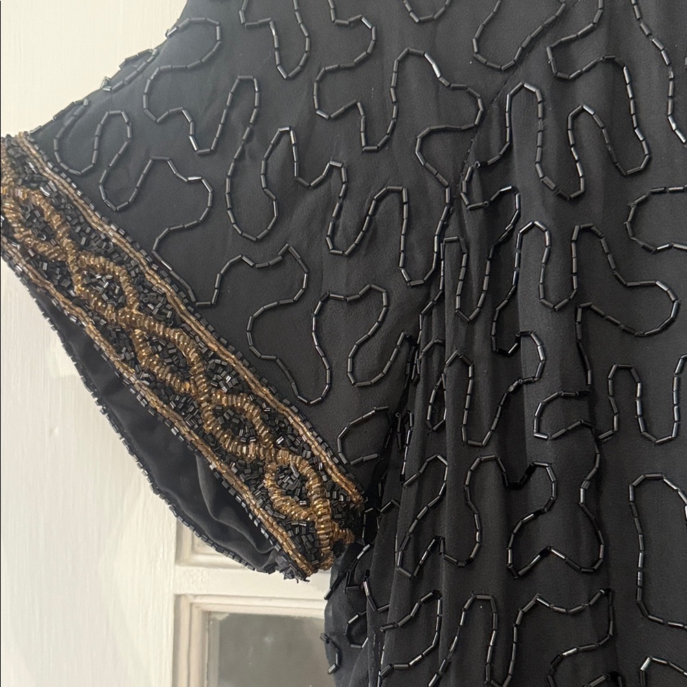 Vintage hand beaded Black Short-Sleeve swing Dress - Picture 7 of 12